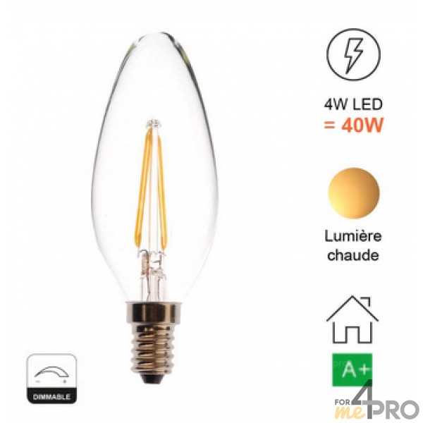 Ampoule LED à filament - Flamme 4W - Culot E14 - Blanc chaud