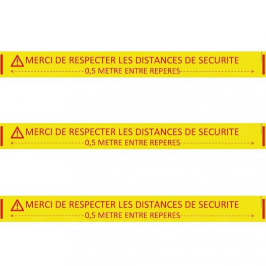Ruban adhésif de marquage Spécial sols béton "Merci de respecter les distances de sécurité" jaune 5 CM x 33 M