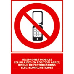Panneau vertical Téléphones mobiles cellulaires en position arrêt, risque de perturbations électromagnétiques