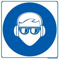 Panneau rond Protection de la vue par lunette étanche et de l'ouïe obligatoire