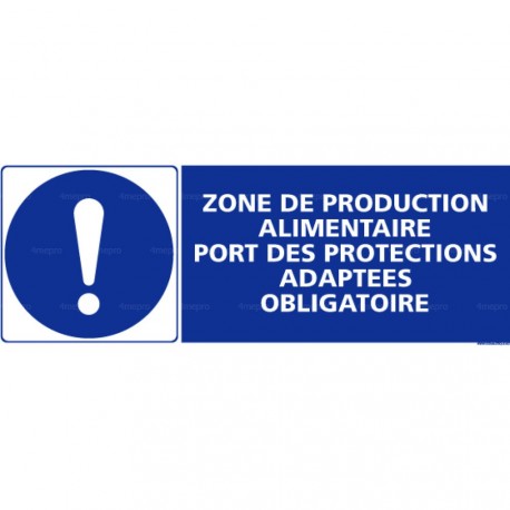 Panneau rectangulaire Zone de production alimentaire, port des protections adaptées obligatoires