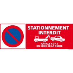 Panneau rectangulaire horizontal "Stationnement interdit" avec article R 37.1