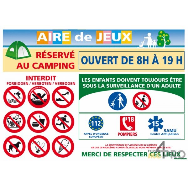 Panneau rectangulaire Consignes aire de jeux réservé au camping